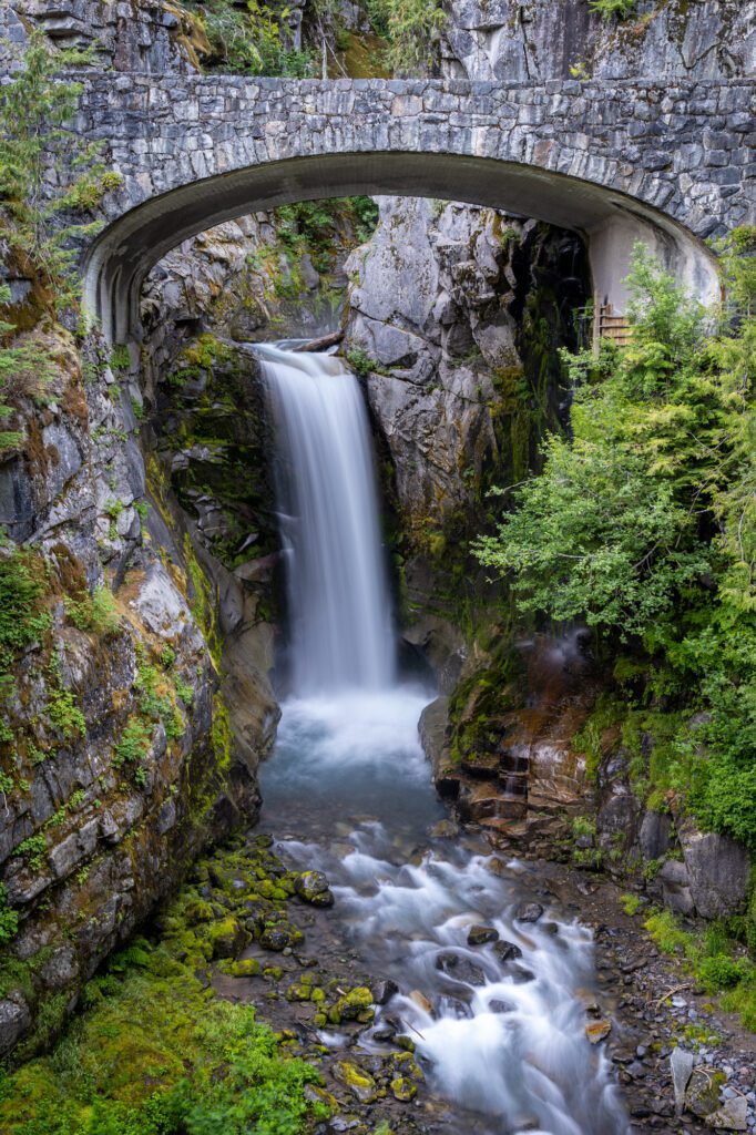 Christine Falls in Mount Rainier National Park framed by the stone bridge.  