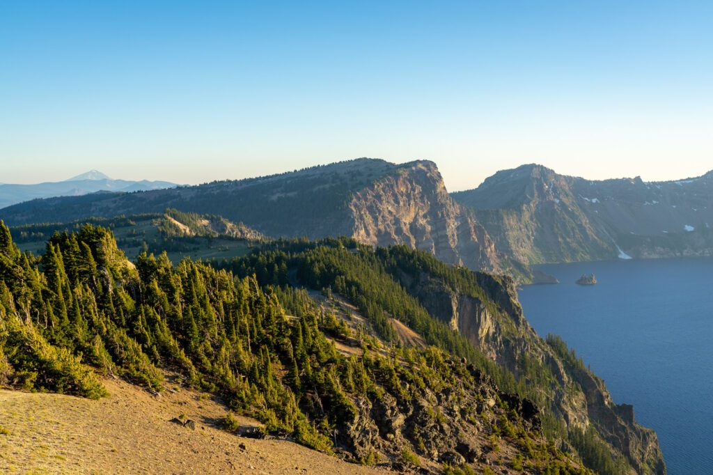 The rim in Crater Lake National Park at sunset